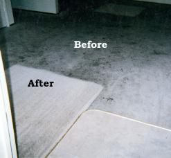Before and after cleaning of off white carpet with parking lot grease