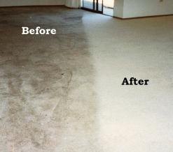 Before and after carpet cleaning with ground in dirt and grease